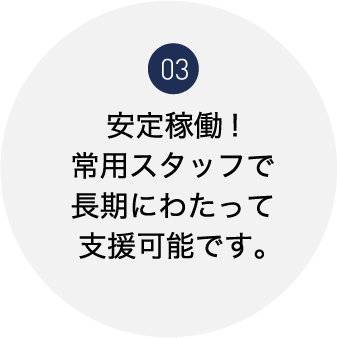 03安定稼働!常用スタッフで長期にわたって支援可能です。
